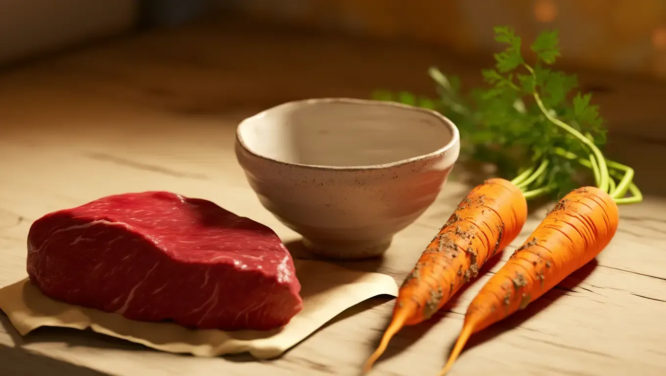 BARF Zutaten - Rinderfleisch und Karotte frisch angerichtet