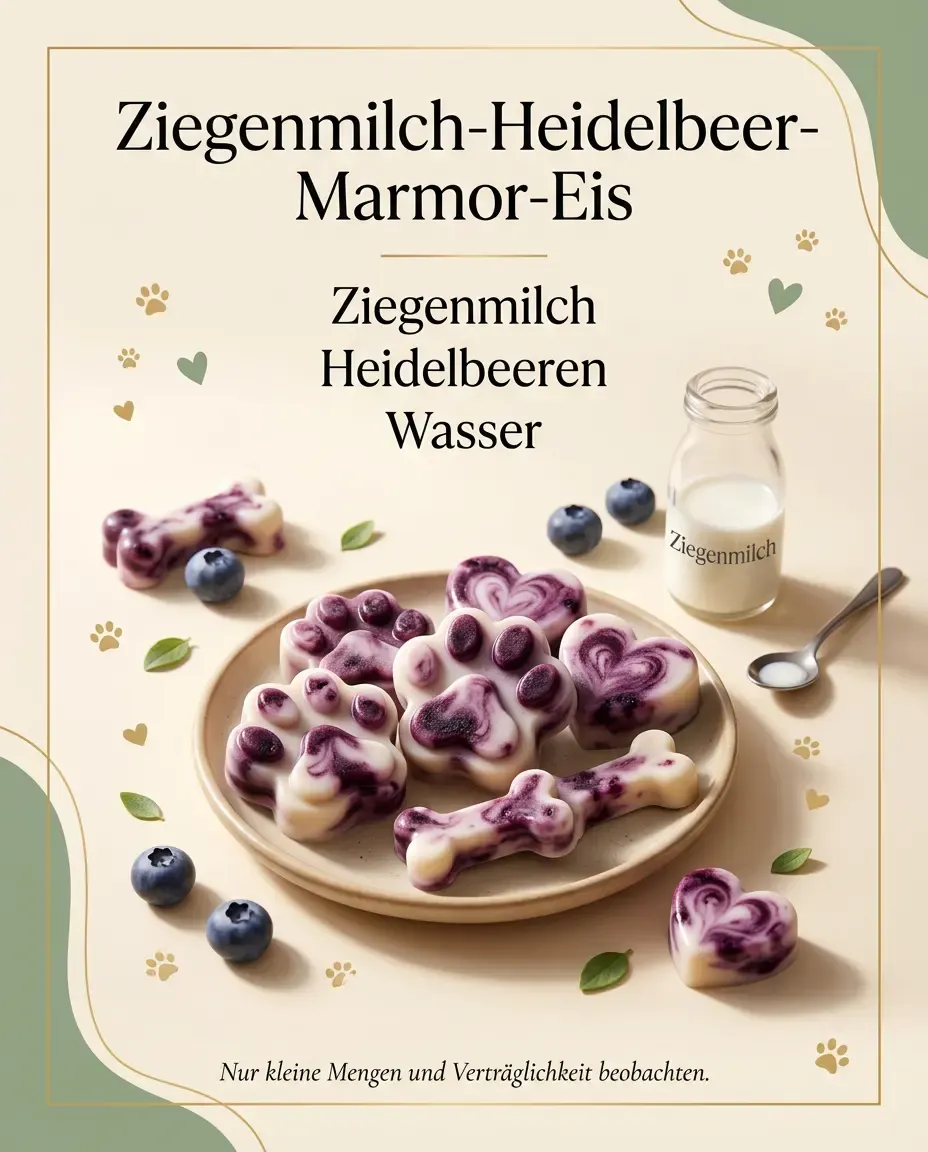 Ziegenmilch-Heidelbeer-Marmor-Eis selber machen – natürliches Hundeeis in Pfoten- und Herzform auf einem Teller