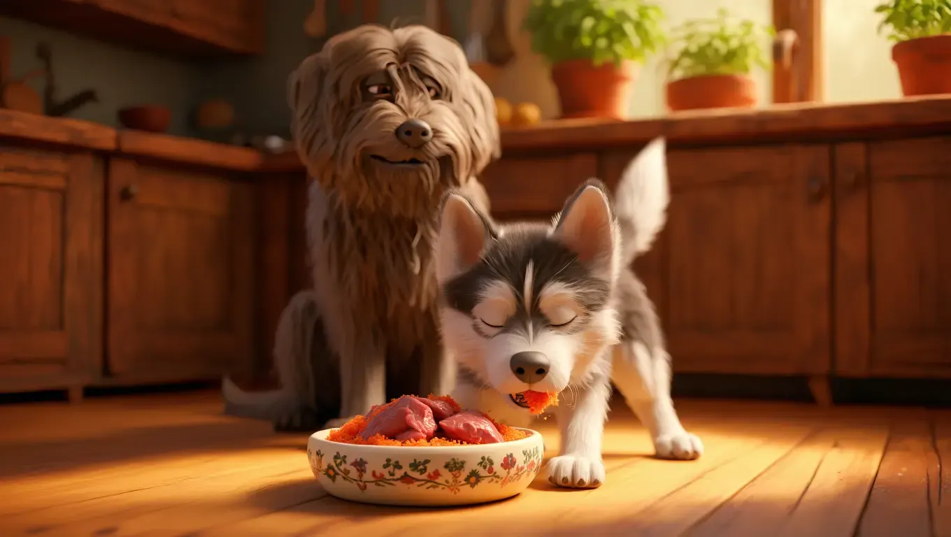 Tilly schnuppert am Napf - Hund der rohes Futter zum ersten Mal riecht