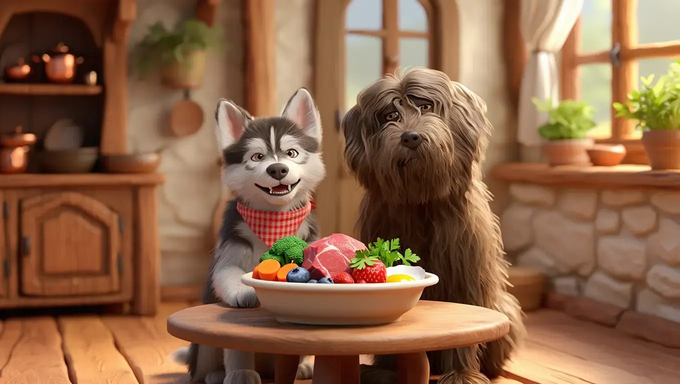 Tilly und Didi mit frischen BARF-Zutaten